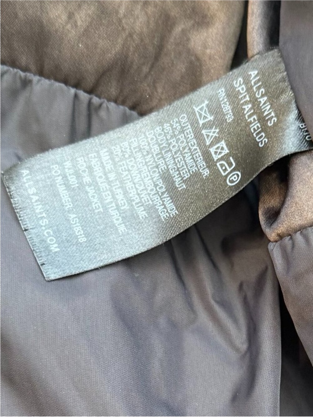 AllSaints Roche Puffer Jacket Dark Brown Satin Size 6 - Picture 6 of 6
